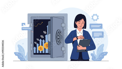 Professional businesswoman checking her watch while standing next to an open safe displaying successful financial growth charts and coins.