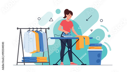 Diligent woman ironing colorful clothes on an ironing board with a rack of neatly hung shirts in a modern laundry room setting.