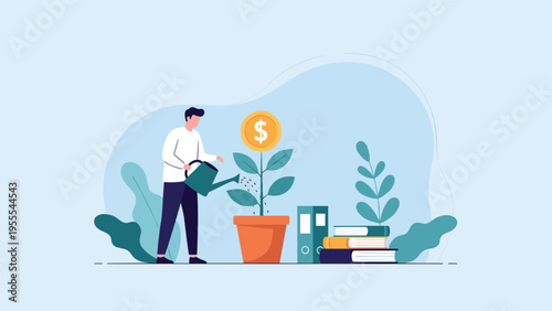 Investor carefully watering a growing money plant with a gold dollar coin representing financial growth and successful business strategy.