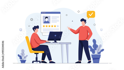 Human resources team reviewing a candidate profile with a high star rating on a digital screen in a modern office environment.