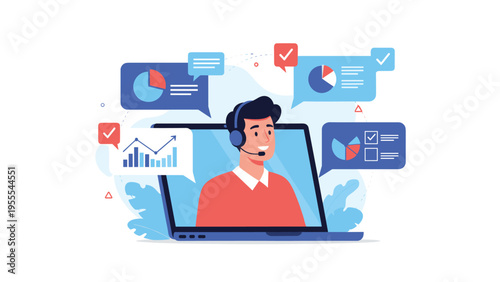 Friendly customer support representative with a headset appearing on a laptop screen surrounded by various data charts and checkmarks.