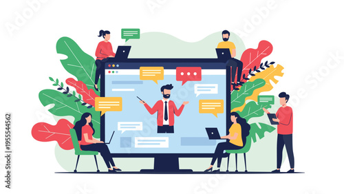 Diverse group of professionals participating in an interactive online webinar or virtual team meeting with digital chat icons.