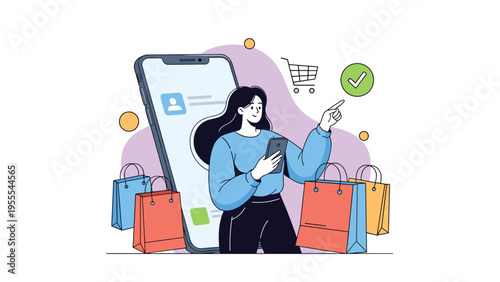 Happy shopper using a large smartphone to buy items online with several colorful shopping bags placed around her.