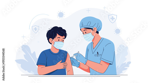 Caring medical professional wearing a mask and cap administering a vaccine to a young boy in a safe and clean clinical environment.