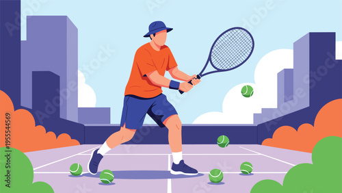 Athletic man in a hat and orange shirt playing tennis on an urban purple court with several tennis balls scattered around.