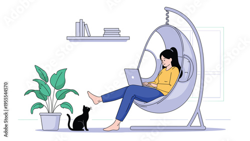 Freelancer working on her laptop while relaxing in a comfortable hanging egg chair in a cozy home office with her black cat.