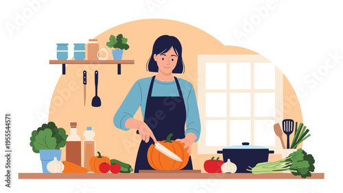 Smiling woman wearing an apron cutting a fresh orange pumpkin in her kitchen surrounded by vegetables and cooking oil.
