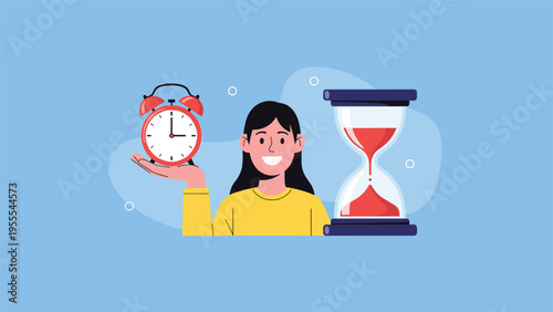 Cheerful woman holding a red alarm clock with a large sand hourglass nearby symbolizing effective time management and punctuality.