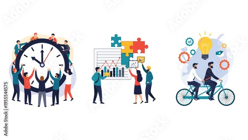 Conceptual illustrations of teamwork showing people working together to manage time, solve complex puzzles, and move forward together.