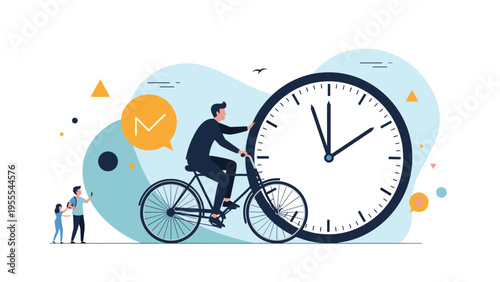 Active man riding a bicycle next to a giant clock illustrating the concept of time management and life balance with a family walking.