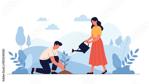 Young couple working together to plant a small tree in a beautiful rolling landscape representing environmental sustainability.