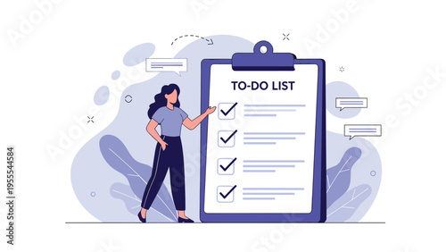 Organized businesswoman standing next to a large to-do list clipboard with all tasks checked off in a modern flat design scene.