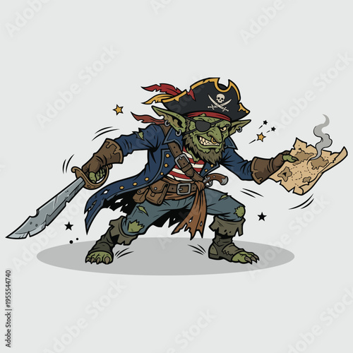 classic fantasy goblin dressed as a pirate holding a sword and a smoking map.