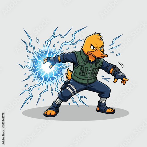 Yellow duck character in tactical shinobi gear performing a lightning strike attack.