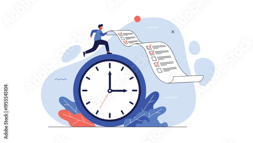 Fast-moving man runs on top of a giant clock while carrying a long checklist, illustrating the race against time and tasks.