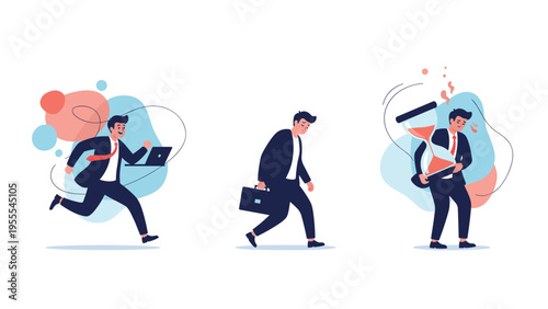 Diverse scenes show a businessman experiencing different work states, from rushing with a laptop to feeling exhausted and pressured.