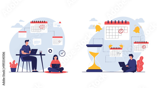 Professionals managing their time and schedules with calendars, laptops, and a giant hourglass for productivity and deadlines.