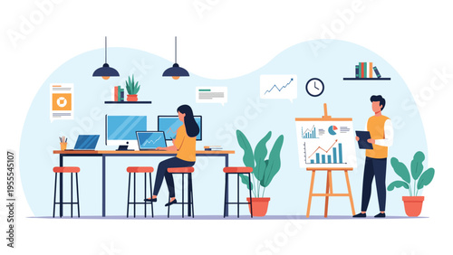 Modern office workspace where a woman works on her laptop and a man gives a presentation using a chart on a tripod.
