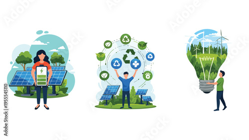 Three scenes illustrate environmental sustainability efforts including solar energy, recycling, and wind power represented by icons.