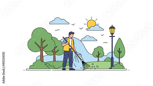 Male worker cleaning the park by raking leaves into a bag during a sunny day with trees and a lamppost in the background.