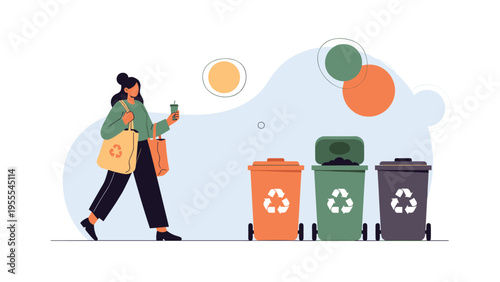 Young woman carrying reusable bags and a cup while walking towards different colored recycling bins for waste management.