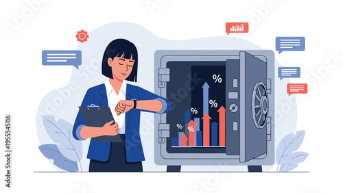 Businesswoman checking her watch while standing next to an open safe containing rising financial growth charts and arrows.
