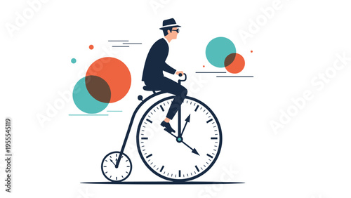Businessman in a suit and hat riding a vintage bicycle with wheels shaped like clocks to represent time management and travel.
