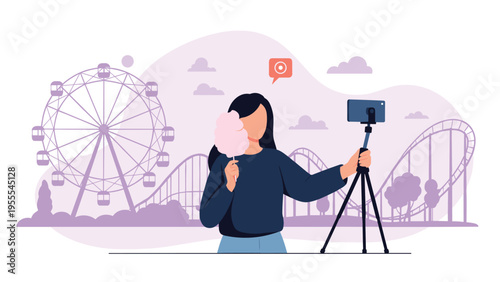 Content creator filming a video with her smartphone on a tripod while holding cotton candy at a purple amusement park.