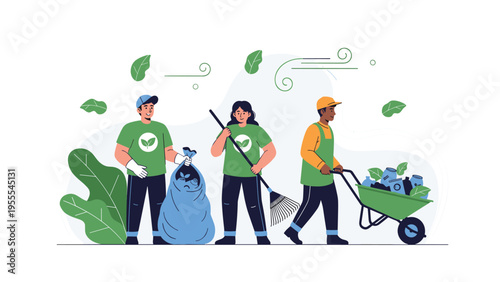 Diverse group of volunteers cleaning up a park with a trash bag, rake, and wheelbarrow to protect the environment.