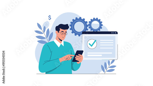 Professional man using a smartphone next to a digital interface with gears and a checkmark representing process optimization.