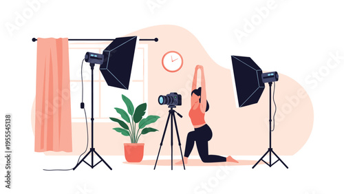 Female model performing a yoga pose in a professional photography studio equipped with lights, cameras, and a tripod.