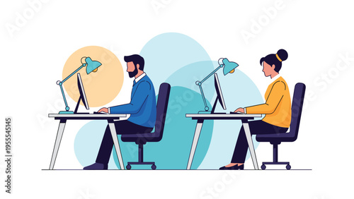 Two professionals working on their computers at separate desks with individual lamps in a modern and clean office space.