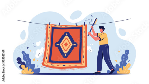 Man cleaning a traditional patterned rug by hanging it on a line and beating out the dust in an outdoor setting.