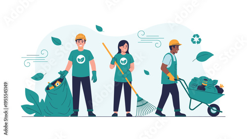Team of volunteers working together to clean up leaves and trash in a park for environmental sustainability and protection.
