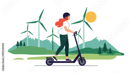 Young woman riding an electric scooter through a green landscape with wind turbines representing clean and sustainable energy.