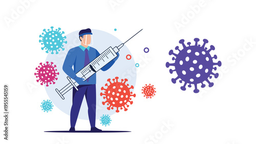 Medical professional holding a large syringe to represent vaccination and protection against various viruses and diseases.