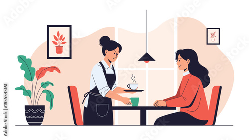 Friendly waitress in an apron serving a cup of coffee to a female customer at a table in a cozy cafe interior.