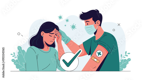 Male doctor wearing a mask and checking a woman temperature during a medical examination in a healthcare clinic setting.