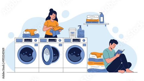 Man and woman doing their laundry at a public laundromat with several washing machines and stacks of clean clothes.