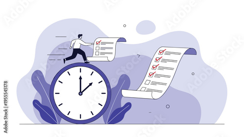 Man running on top of a giant clock while trying to complete multiple checklists under the pressure of a deadline.