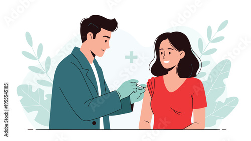 Male doctor in a green coat giving a vaccine injection to a smiling woman in a healthcare clinic for disease prevention.