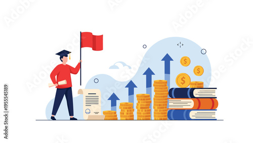 University graduate holding a diploma and a flag while standing next to rising stacks of coins and books for career growth.