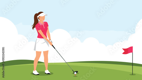 Young woman in a pink shirt and white skirt practicing her golf swing on a beautiful green course under a clear sky.
