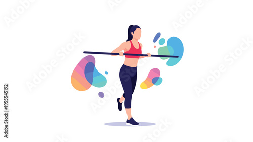Fit woman performing an exercise with a weighted bar against a colorful background with abstract and dynamic shapes.