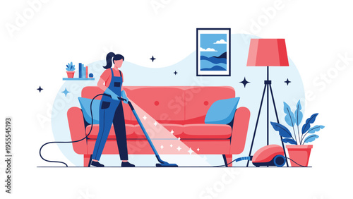 Woman in a professional cleaning uniform vacuuming the carpet in a modern living room with a red sofa and a lamp.