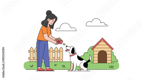 Young woman feeding her spotted dog in a sunny backyard next to a wooden kennel and a fence under a bright blue sky.