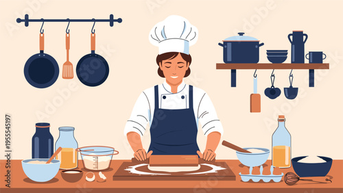 Female chef in a white uniform and hat carefully rolling out dough on a wooden table in a well equipped kitchen.