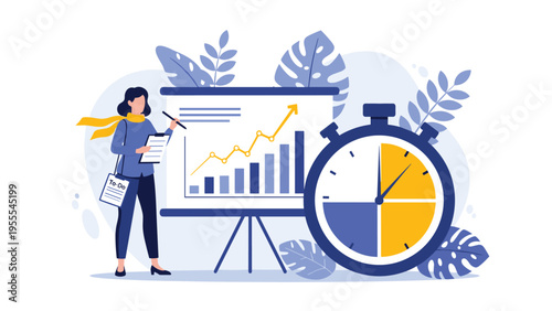 Businesswoman giving a presentation about financial growth next to a large clock representing time management and deadlines.