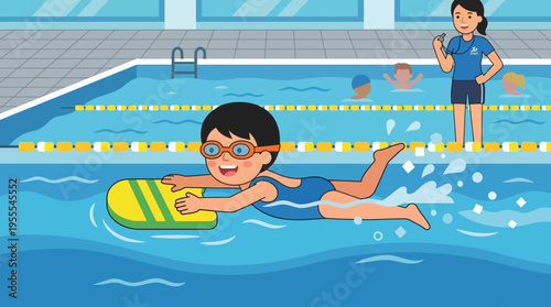 Boy swimming with yellow kickboard pool.