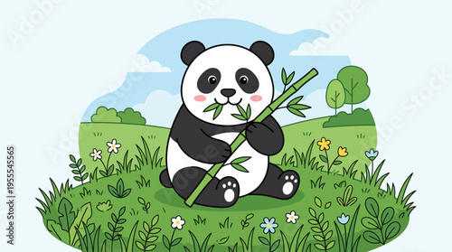 Cute Panda Eating Bamboo Shoots.